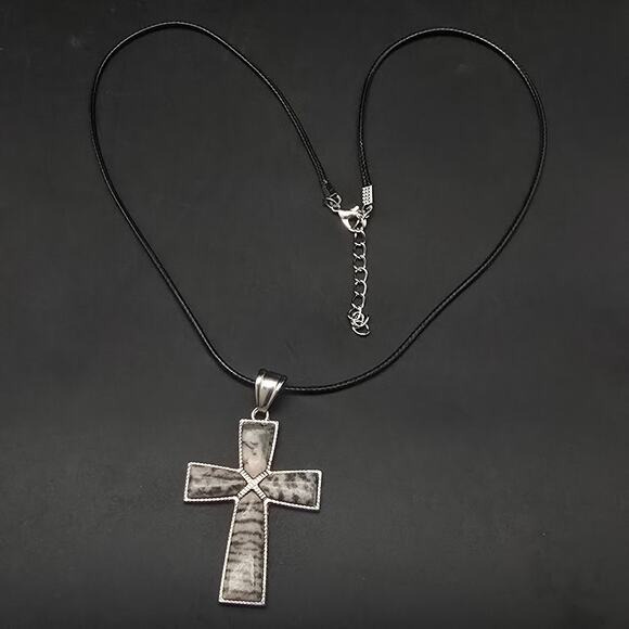 Pink Zebra Jasper Cross Pendant Necklace on Black Cord - Picture 6 of 10